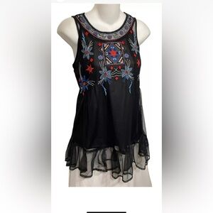 Lauren Conrad Embroidered Black Sleeveless Top Size L